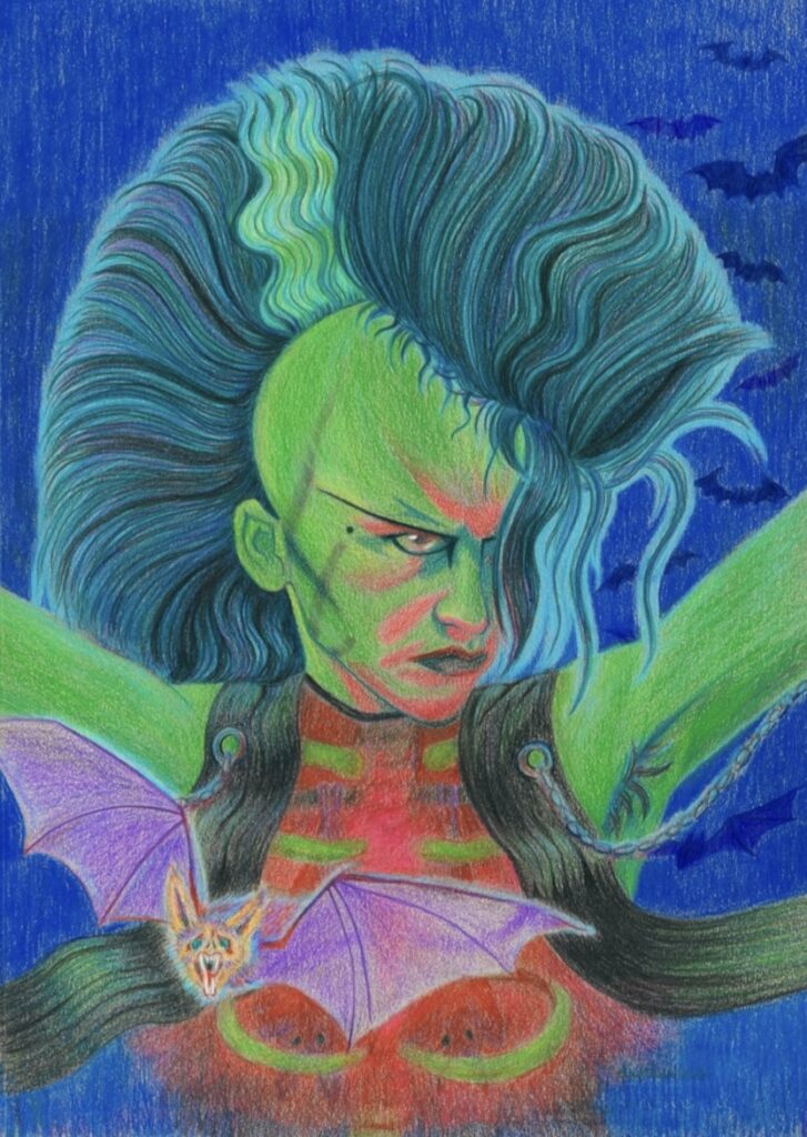 Jonny Slut portrait, in the style of bride of frankenstein, coloured pencil on paper, Kat Hudson artist London 2024