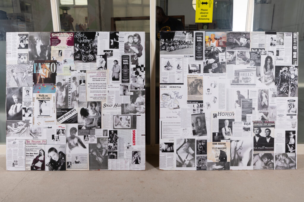 Rebel Dykes - Lesley Magazine Launch Exhibition Rebel Dykes Archive Collage panels 2019, by Kat Hudson, Cherry Auhoni and Emily Witham, using photocopied material from the personal archive of Karen Fisch aka King Frankie Sinatra with special thanks to Dr Phoebe Patey-Ferguson for scanning the material
