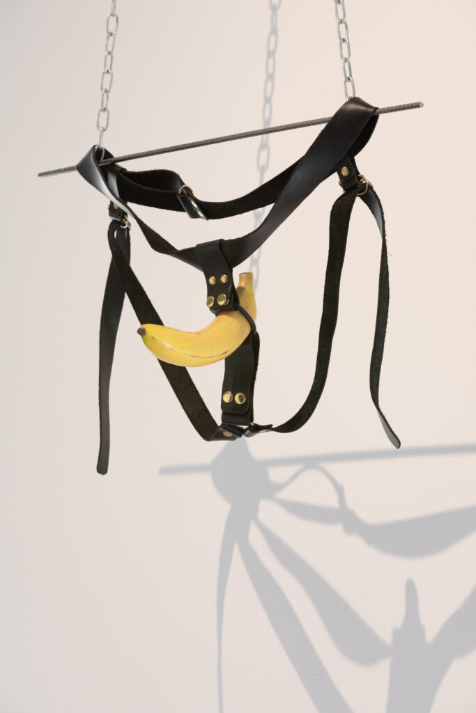 Strap on harness with banana hung from metal chain trapeze. 
Rebel Dykes - “Have you done this before?”, 2018-2021 - Mystical Femmes (aka Kasra Jalilipour and Tallulah Haddon)