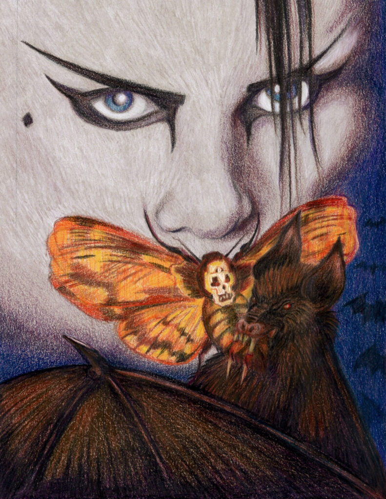 Jonny Slut portrait, in the style of Silence of the Lambs, coloured pencil on paper, Kat Hudson artist London 2025