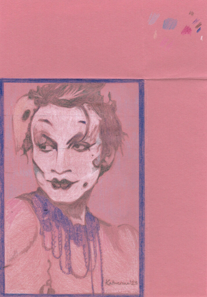 Kat Hudson, portrait of Lavinia Co-op, pencil drawing, set piece for NiCKY music video, London 2023