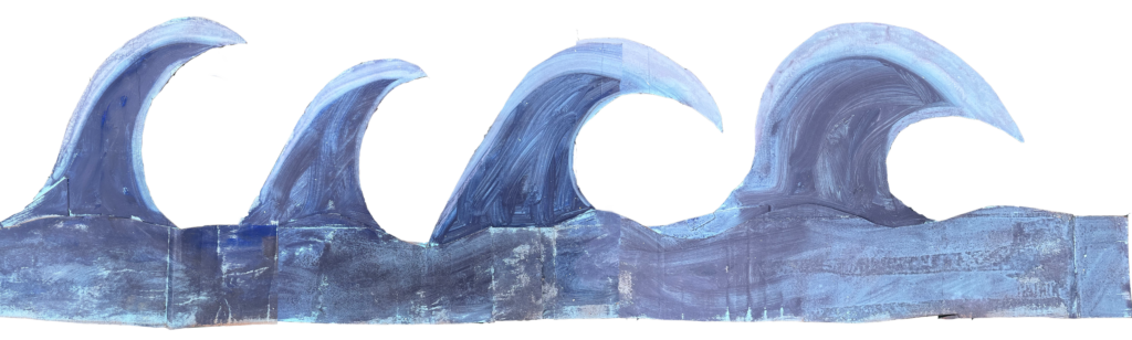 Kat Hudson, cardboard painted waves inspired by Derek Jarman, set piece for NiCKY music video, London 2023