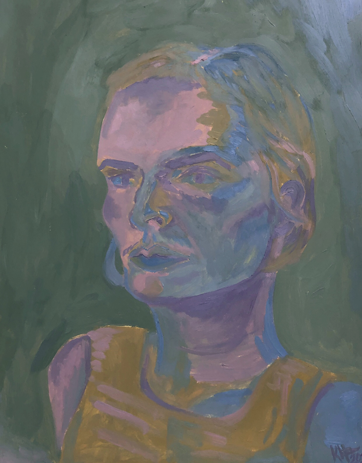 Kat Hudson artist London Untitled self portrait, 2020: an exercise in depicting tone purely through atonal colour 29.7 x 42cm Oil paint on coloured sugar paper July 2020