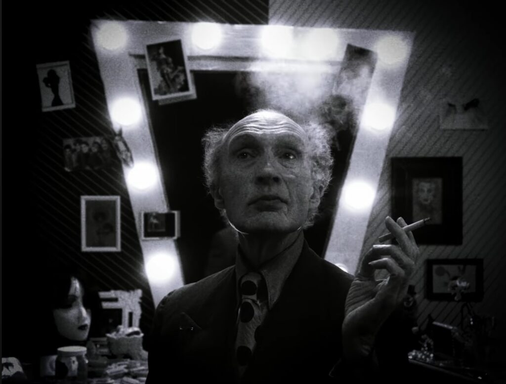 Still of vanity mirror scene from music video featuring Kat Hudson, portrait of Lavinia Co-op, London 2023