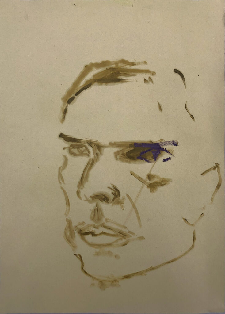 Kat Hudson artist London, Untitled self portrait, discarded, Oil paint on coloured sugar paper, July 2020, 29.7 x 42cm