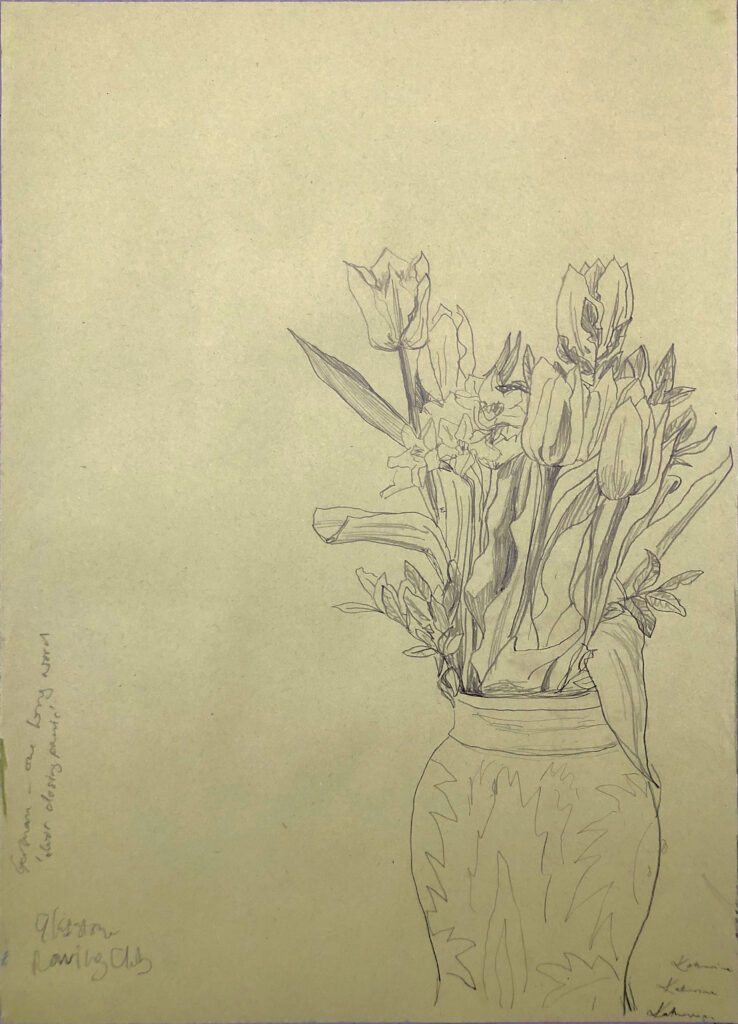 Kat Hudson artist London, Untitled still life of spring flowers, 2020, Pencil on coloured sugar paper, 29.7 x 42cm